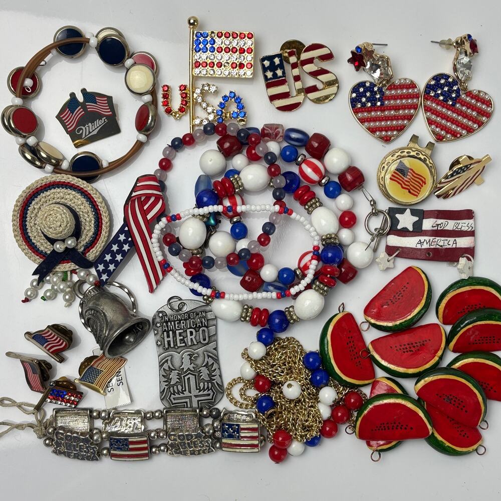 USA Summer Craft Jewelry Lot - Red White Blue Flags July 4th Watermelon America